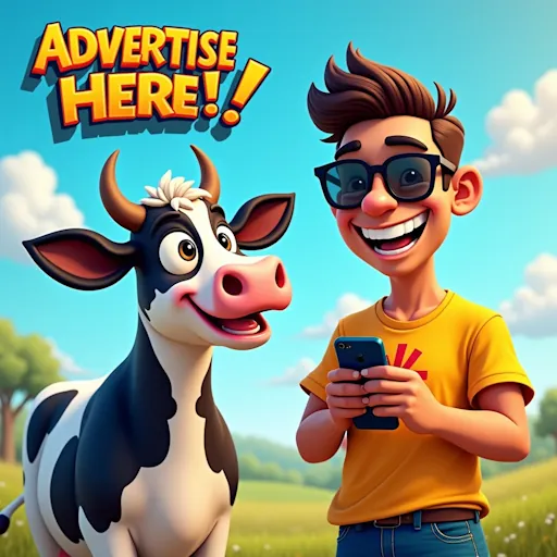 A cheerful animated character wearing glasses and a yellow shirt holding a smartphone stands next to a smiling cartoon cow in a sunny field. A colorful sign above reads "advertise here!! " against a backdrop of blue skies and fluffy clouds, making it a perfect homepage scene for modern fables.