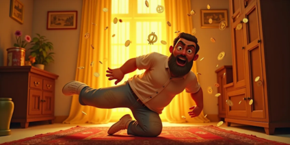 A cartoon man with a beard and wide eyes is falling backward onto a red rug in a room, while golden coins with cryptocurrency symbols surround him. The background is warmly lit with sunlight streaming through a yellow curtain. It looks like he just found "ali ba-ba's" treasure!