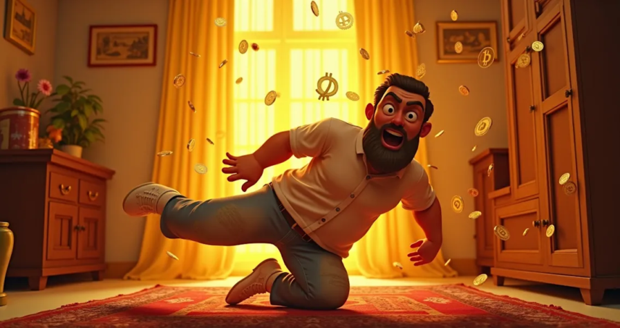 A cartoon man with a beard and wide eyes is falling backward onto a red rug in a room, while golden coins with cryptocurrency symbols surround him. The background is warmly lit with sunlight streaming through a yellow curtain. It looks like he just found "ali ba-ba's" treasure!