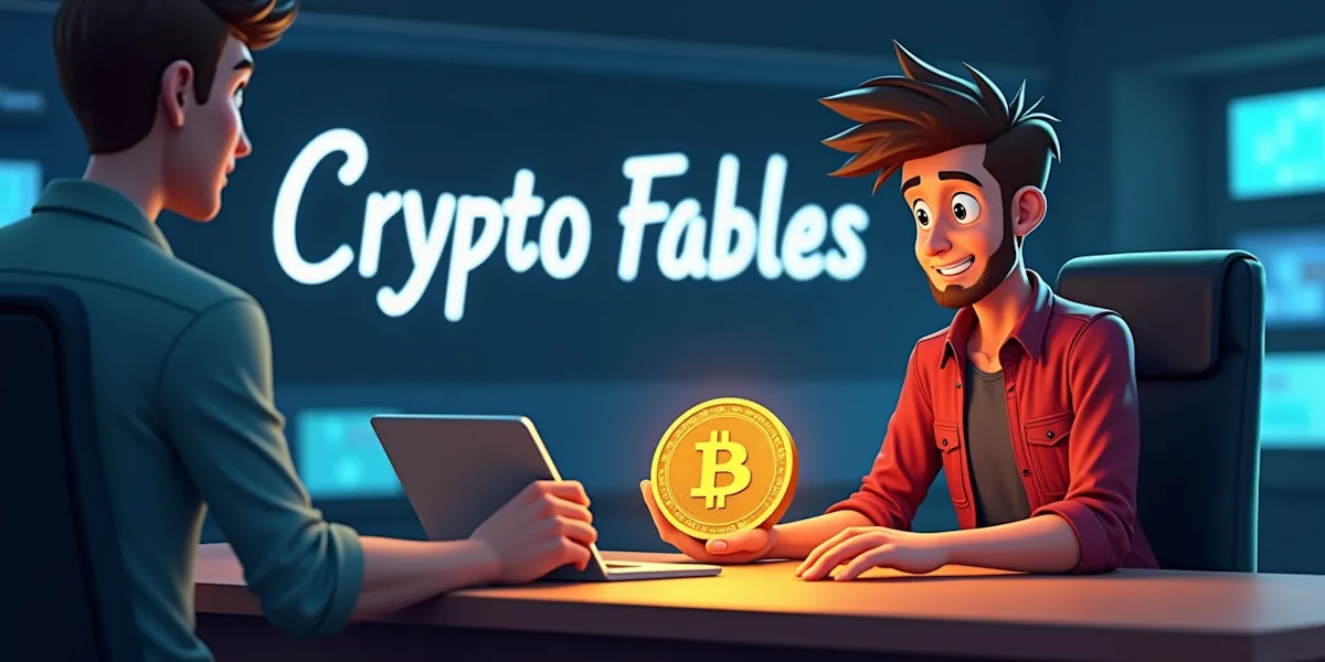 A cartoon-style illustration features two animated characters in a tech-themed room. One character, holding a bitcoin symbol coin, faces another character working on a laptop. The background displays the text "crypto fables," hinting about their digital adventures.