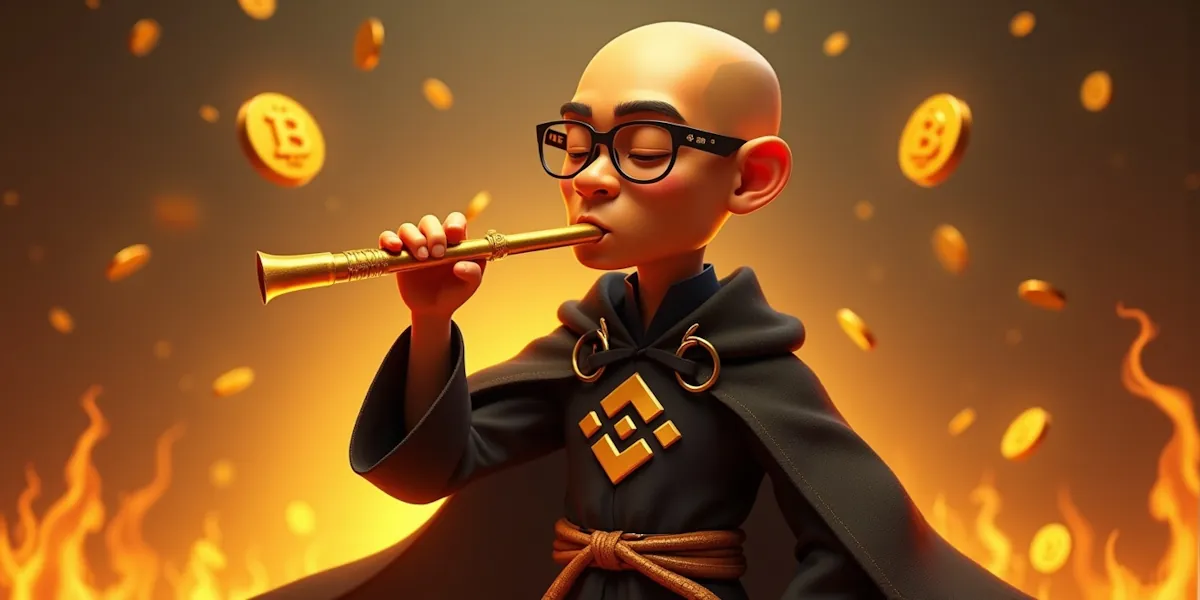 A cartoon-style character with glasses and a bald head, wearing a black robe with a yellow binance logo, plays a trumpet-like instrument. Golden cryptocurrency coins float around, and flames create a dramatic and dynamic scene reminiscent of the pied piper's enchanting melodies.