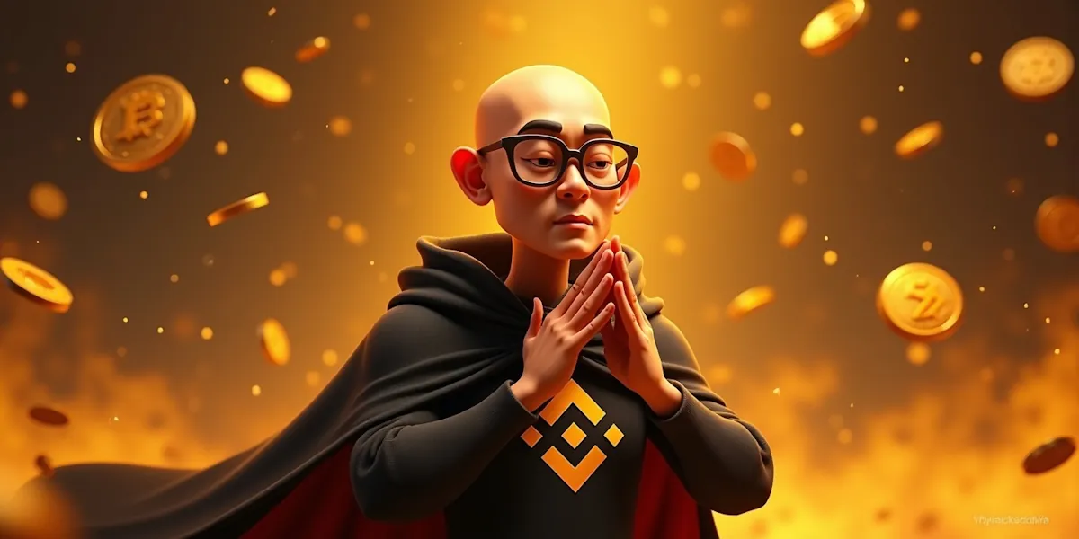 A stylized, animated character resembling a monk with glasses, hands in a prayer-like position, stands amidst an orange and gold glowing background with floating coins. The character’s black robe features the binance logo, and the scene exudes a serene, yet powerful aura reminiscent of a digital pied piper.