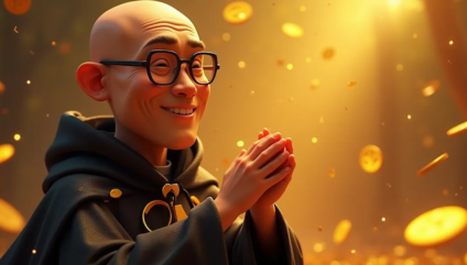 A smiling bald, bespectacled animated character dressed in a dark robe stands with his hands clasped together. Golden coins surround him, suspended in mid-air, against a glowing, warm background.