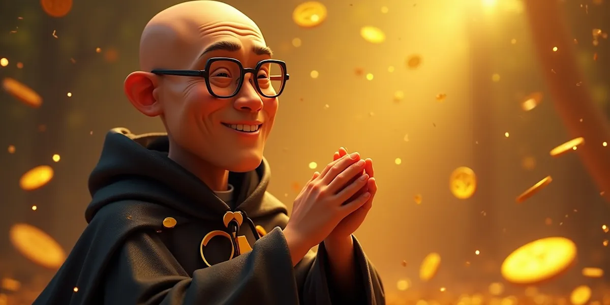 A smiling bald, bespectacled animated character dressed in a dark robe stands with his hands clasped together. Golden coins surround him, suspended in mid-air, against a glowing, warm background.