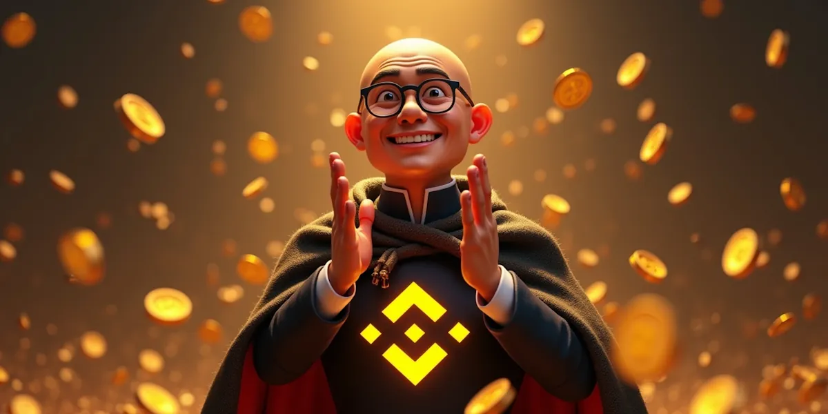 A cartoon character with a bald head and glasses, wearing a dark cloak featuring the binance logo, claps enthusiastically as golden coins fall around him against a bright, glowing background.