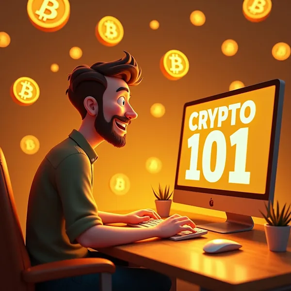 An excited bearded man sits at a desk, typing on a computer that prominently displays "crypto 101. " the background is animated with numerous floating bitcoin symbols, and two small potted plants adorn the desk beside his computer. Adding to the digital buzz of his space, the crypto 101 sidebar ad (bottom) flashes vibrantly at the bottom of his screen.