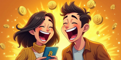 A joyful animated illustration of a woman and a man laughing with excitement. The woman is holding a smartphone displaying a bitcoin symbol, while bitcoin coins float around them on a glowing background, encapsulating the essence of cryptocurrency magic.