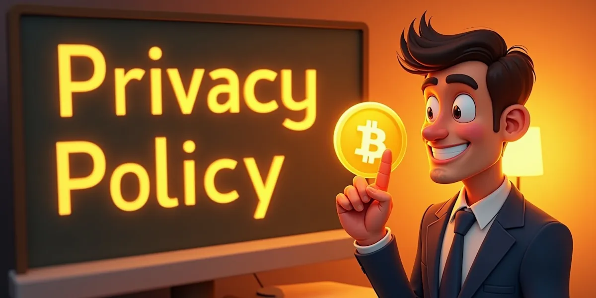 A cartoonish businessman in a suit holds a glowing bitcoin symbol in one hand while smiling. Behind him, a large screen displays the important keywords "privacy policy" in bright letters. The image has a warm, orange lighting.