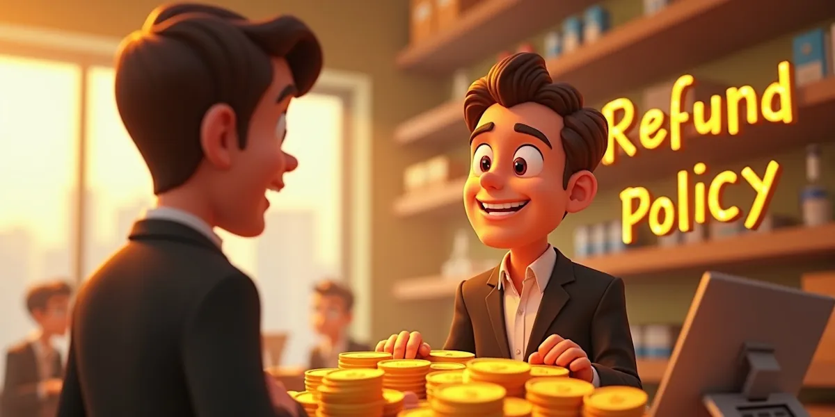 Animated scene of a smiling man in a suit at a shop counter with a stack of gold coins. Another man, also in a suit, stands on the other side of the counter. The words "refund policy" are illuminated in the background, highlighting their conversation. Shelves with products are clearly visible behind them.