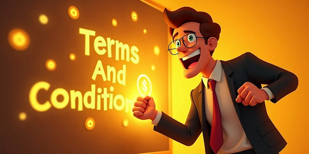 A smiling animated character in a suit and glasses enthusiastically points at a glowing sign that reads "terms and conditions. " the brightly lit background emphasizes both the sign and the character's excitement, drawing attention to these important conditions.