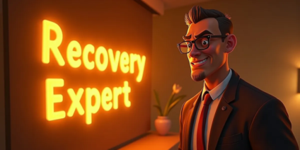 A confident, animated man in a suit, with glasses and neatly combed hair, smiles while standing next to a glowing sign that reads "recovery expert 101" in a warmly lit room. A potted plant decorates the background.