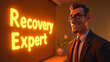 A confident, animated man in a suit, with glasses and neatly combed hair, smiles while standing next to a glowing sign that reads "recovery expert 101" in a warmly lit room. A potted plant decorates the background.