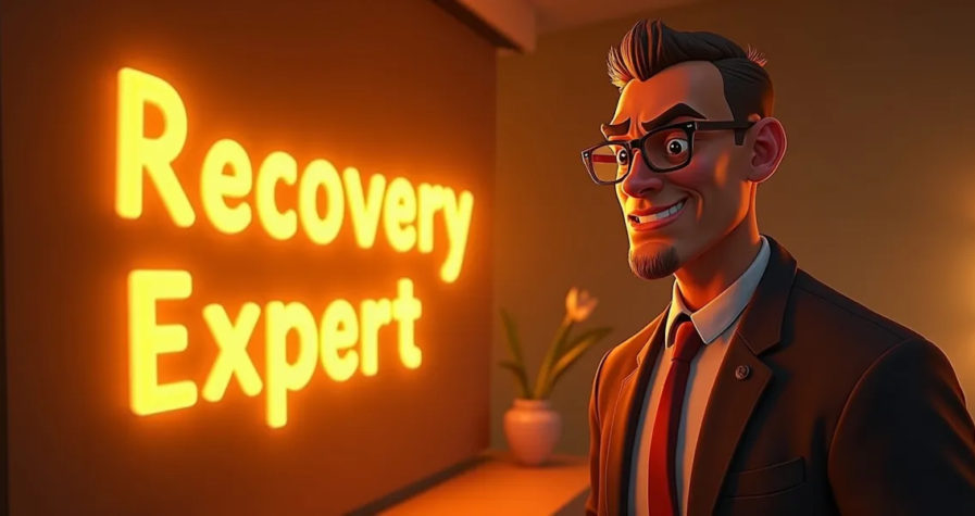 A confident, animated man in a suit, with glasses and neatly combed hair, smiles while standing next to a glowing sign that reads "recovery expert 101" in a warmly lit room. A potted plant decorates the background.