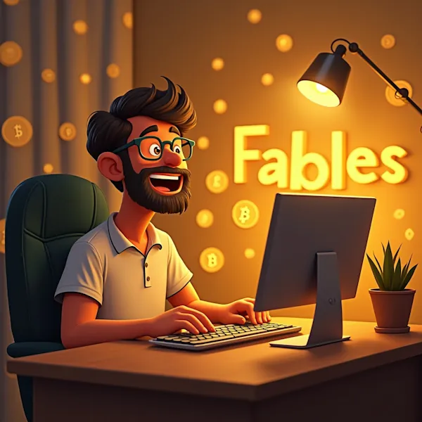 A cheerful person with glasses and a beard is sitting in front of a computer, illuminated by a desk lamp. The background features glowing symbols resembling bitcoins and the name "fables sidebar ad (bottom)" on the wall, while a small potted plant sits on the desk beside them.