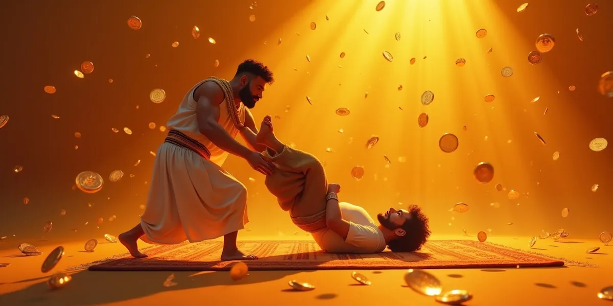 A muscular man in traditional attire holds the legs of another man who lies on his back on a rug, both in a golden-lit room with floating coins around them. The scene evokes a mythical or fantasy setting with a focus on strength and wealth.