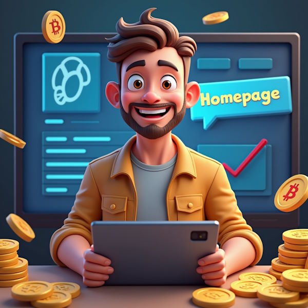 A cheerful man with a beard holds a tablet, surrounded by stacks of gold coins and bitcoin symbols. Behind him, a large screen displaying the word "homepage" with user interface elements. The scene conveys fables of crypto success and online investment themes.