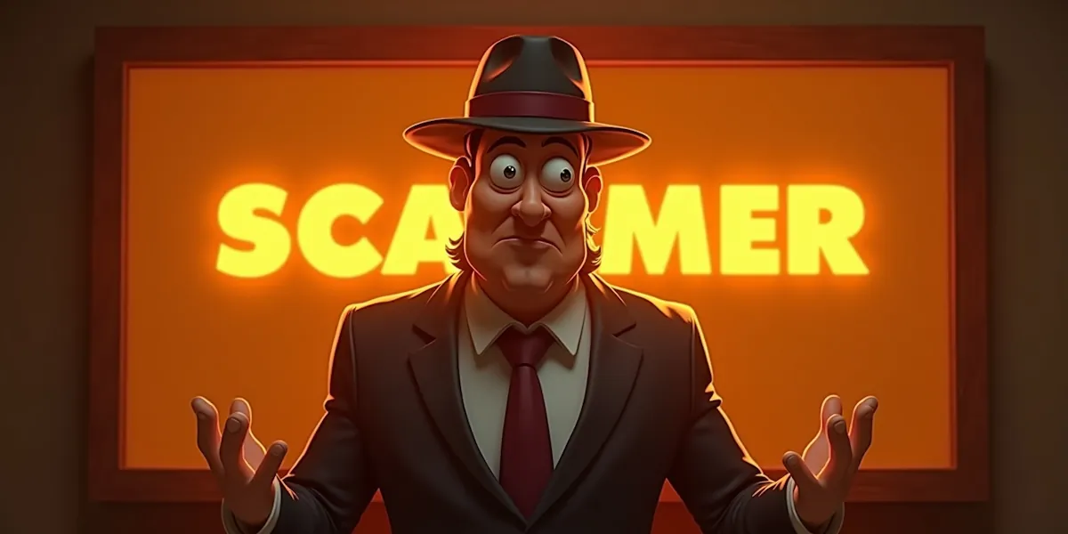 Cartoon image of a man in a suit, tie, and fedora, standing in front of an illuminated sign that reads