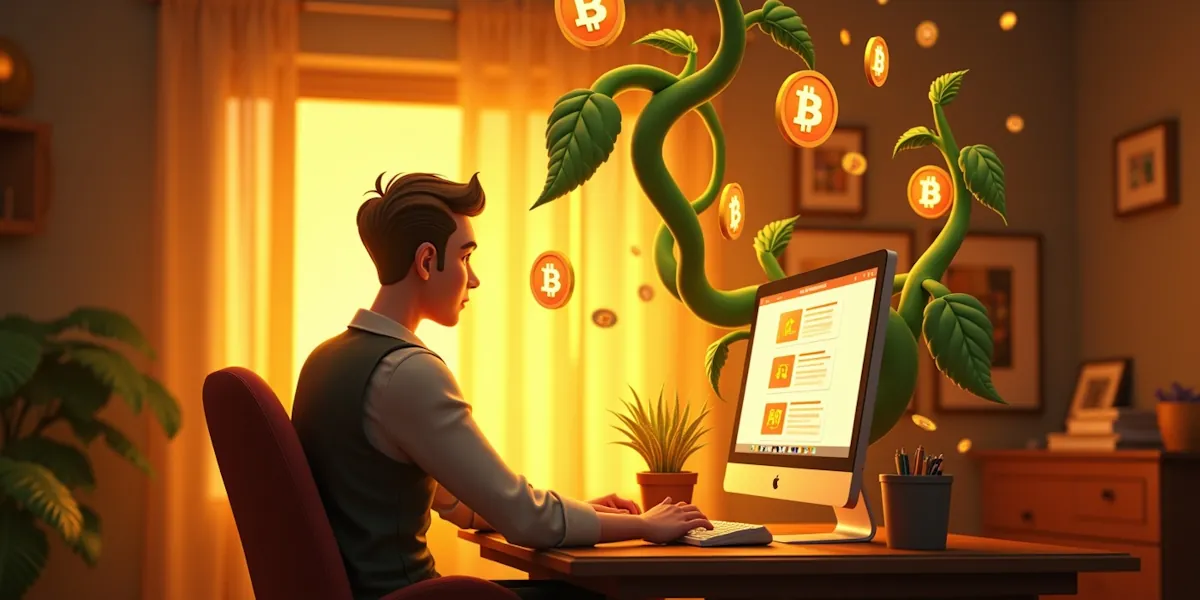 A man at a desk works on a computer with golden bitcoin symbols floating around a beanstalk-like plant emerging from the screen, evoking jack & the memestalk, with sunlight streaming through the window. The room is warmly lit with plants and framed pictures in the background.