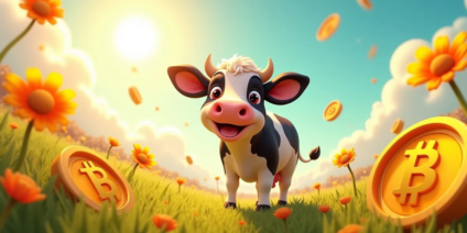 A cartoon cow stands in a vibrant field of flowers with a bright, sunny sky in the background. Around the cow, several large coins with the bitcoin symbol are scattered on the grass and floating in the air, offering a whimsical lesson on cryptocurrency amidst nature’s beauty.