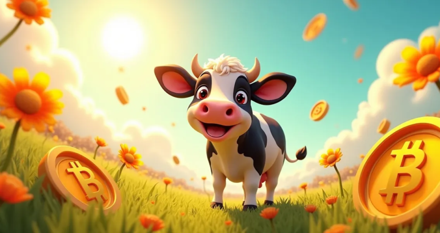 A cartoon cow stands in a vibrant field of flowers with a bright, sunny sky in the background. Around the cow, several large coins with the bitcoin symbol are scattered on the grass and floating in the air, offering a whimsical lesson on cryptocurrency amidst nature’s beauty.