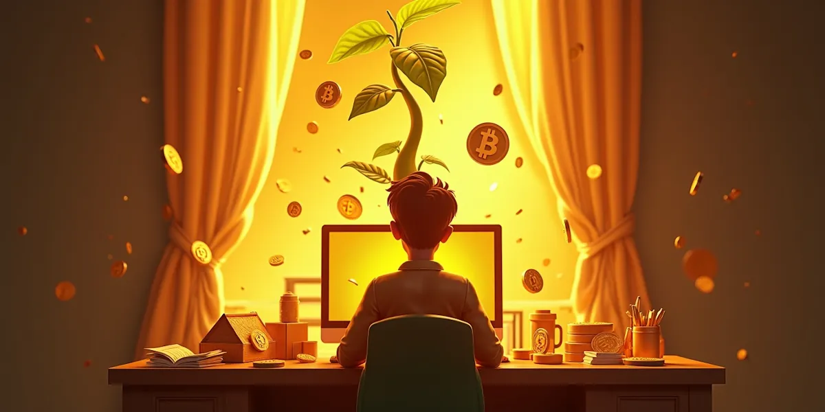 A person sitting at a desk, facing a computer with a plant growing from the monitor and bitcoin symbols floating around. The scene is lit with a warm, golden glow. Various items are scattered on the desk, including pens, a cup, and books, framed by draped curtains.