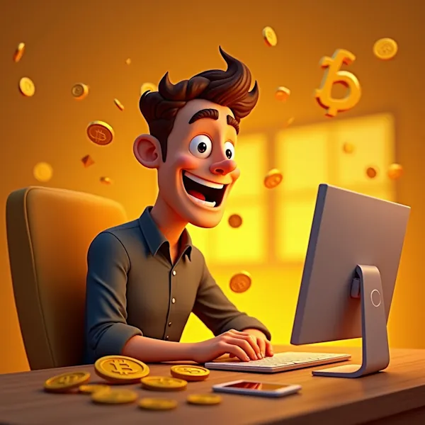 Illustration of an enthusiastic young man sitting at a desk, staring at a computer screen, with golden cryptocurrency coins, featuring a bitcoin symbol, floating around him. A news sidebar ad (bottom) appears on the side. The background is warm and illuminated, conveying excitement about online investments.