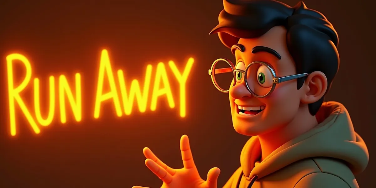 A 3d animated character with glasses and dark hair wearing a hoodie, smiling and gesturing with one hand. The character is illuminated by the large, glowing, orange text that reads