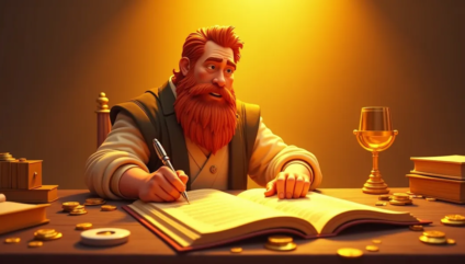 A bearded man with red hair, wearing a cloak, sits at a wooden table in warm lighting. He writes in a large open book with a pen, surrounded by gold coins, books, and a golden goblet. The scene has a vintage and scholarly atmosphere.