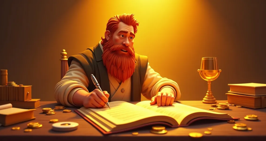 A bearded man with red hair, wearing a cloak, sits at a wooden table in warm lighting. He writes in a large open book with a pen, surrounded by gold coins, books, and a golden goblet. The scene has a vintage and scholarly atmosphere.