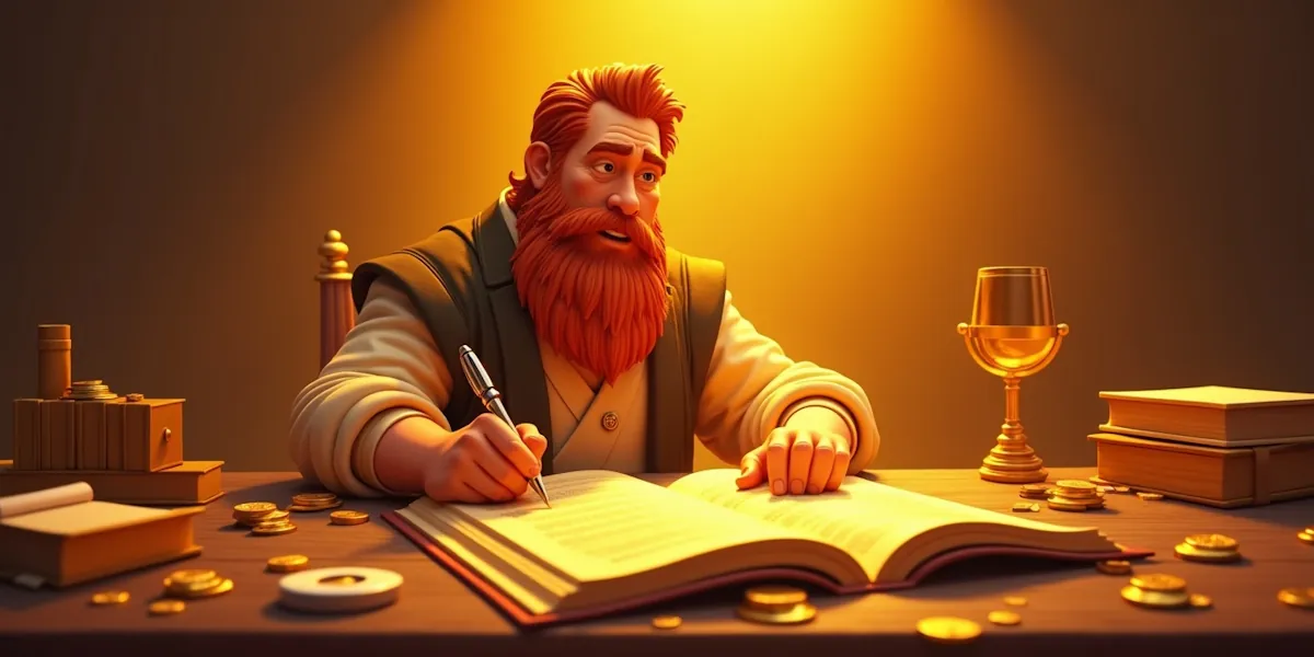 A bearded man with red hair, wearing a cloak, sits at a wooden table in warm lighting. He writes in a large open book with a pen, surrounded by gold coins, books, and a golden goblet. The scene has a vintage and scholarly atmosphere.