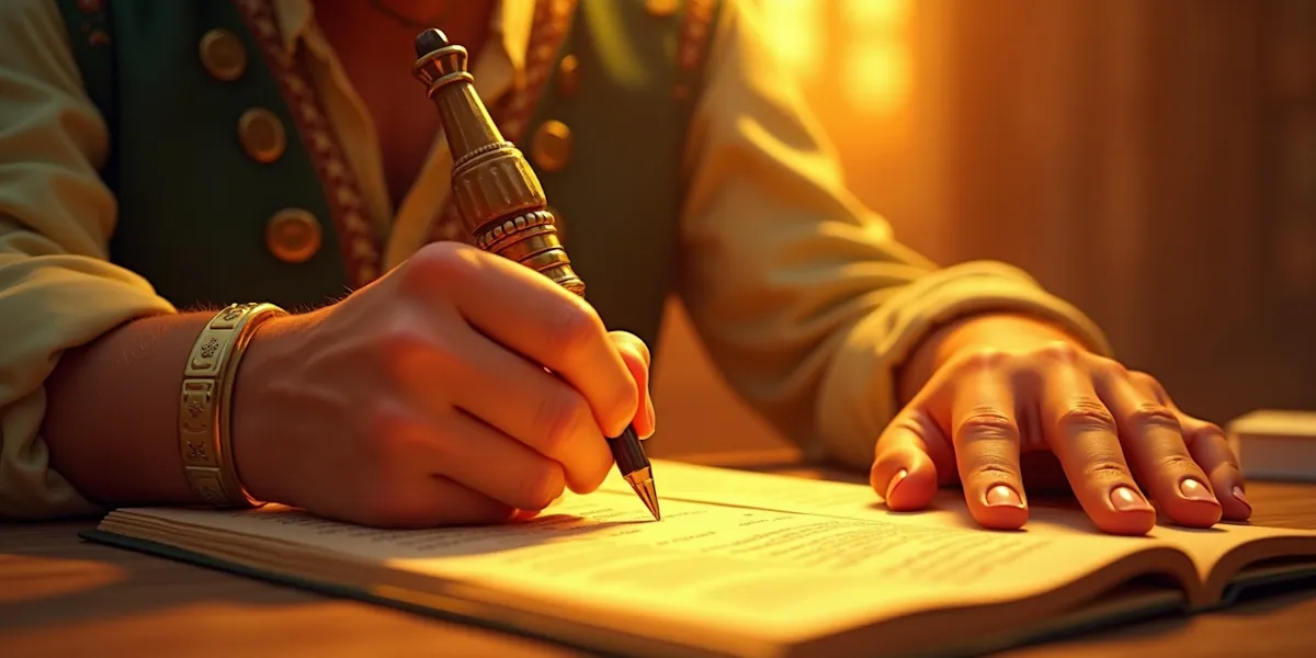 A person in historical attire writes in a large open book with a quill pen. The scene is warmly lit, creating an inviting atmosphere. The individual is adorned with a decorative bracelet and a metal ring. The background is softly blurred, focusing on the writing hand.