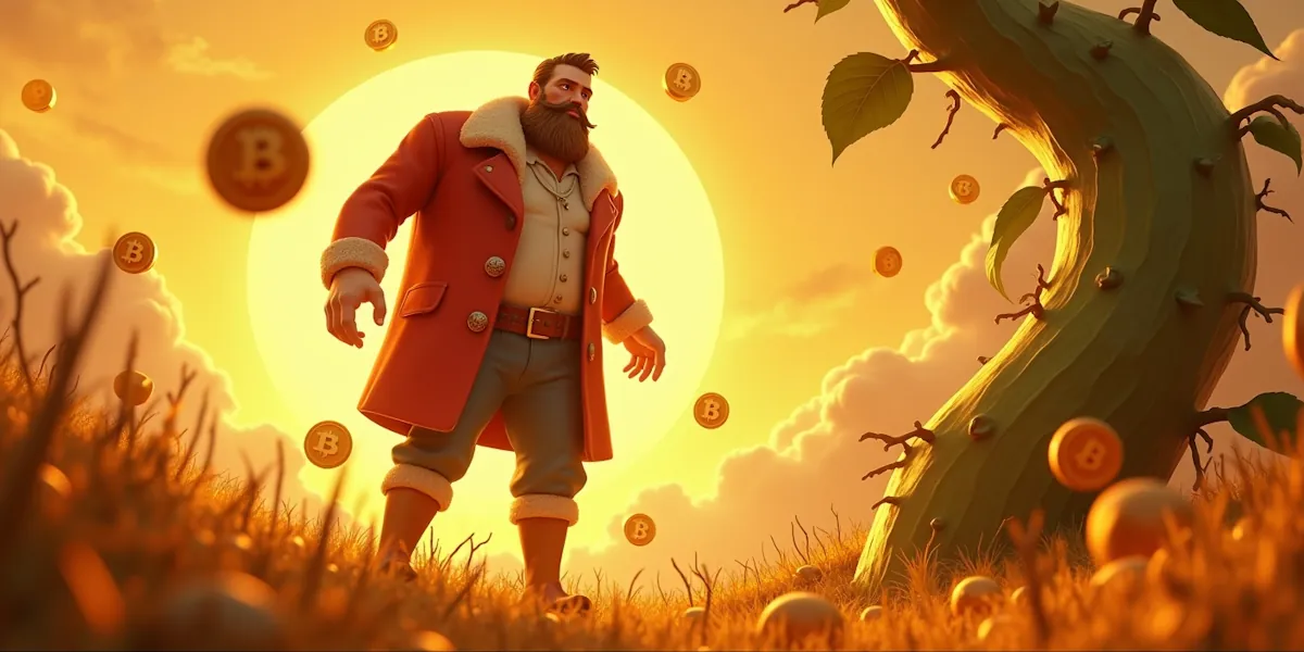 A bearded man in a red coat and jeans stands in a grassy field with an enormous sun shining bright behind him. Bitcoin symbols float around him, and a twisted tree grows bitcoin symbols on its branches. The scene has a warm, golden glow.