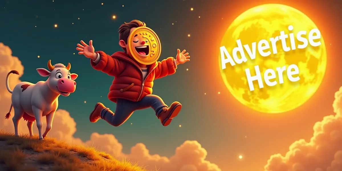 A cheerful cartoon boy with a coin for a face leaps joyfully beside a smiling cow under a starry night sky. In the background, a large, glowing moon displays the text "advertise here" in bold white letters. The scene exudes a whimsical and joyful atmosphere, reminiscent of modern fables.