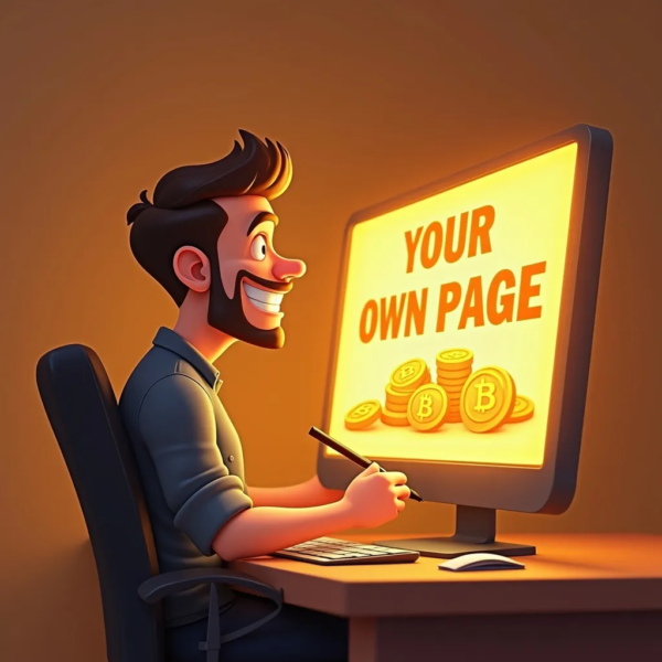 A cheerful cartoon man with a beard sits at a desk, interacting with a large illuminated computer screen displaying the text "promotional page" alongside images of bitcoins. The room has a warm, inviting ambiance.