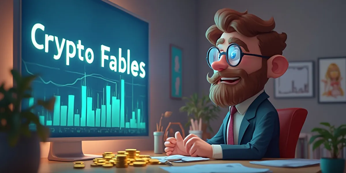 A cartoonish man with glasses and a beard is sitting at a desk stacked with gold coins, smiling at a large monitor displaying the words