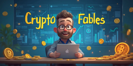 Animated illustration of a smiling, bearded man with glasses, sitting at a desk with a laptop, surrounded by floating bitcoins and stacks of coins. The background features charts and graphs. "crypto fables" is prominently displayed in bold yellow lettering on his own page.