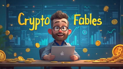 Animated illustration of a smiling, bearded man with glasses, sitting at a desk with a laptop, surrounded by floating bitcoins and stacks of coins. The background features charts and graphs. "crypto fables" is prominently displayed in bold yellow lettering on his own page.