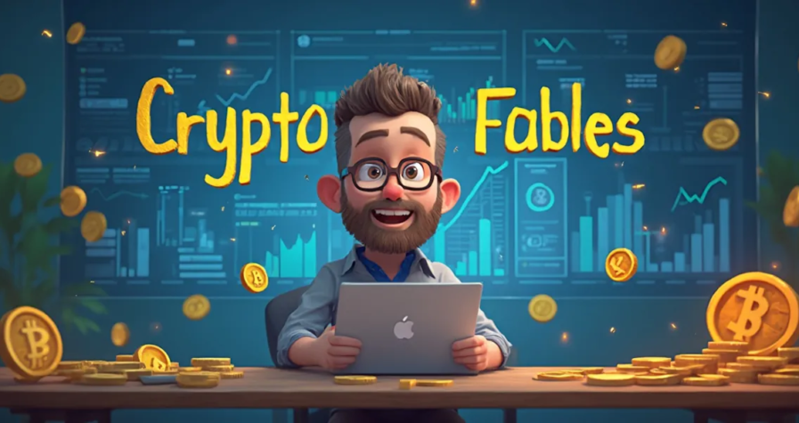 Animated illustration of a smiling, bearded man with glasses, sitting at a desk with a laptop, surrounded by floating bitcoins and stacks of coins. The background features charts and graphs. "crypto fables" is prominently displayed in bold yellow lettering on his own page.