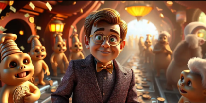 A smiling character with glasses and a bow tie stands in a whimsical factory filled with small, quirky creatures working on an assembly line. The factory is warmly lit, and coins are scattered along the conveyor belt. The atmosphere is cheerful and fantastical.