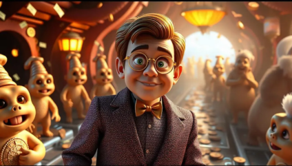 A smiling character with glasses and a bow tie stands in a whimsical factory filled with small, quirky creatures working on an assembly line. The factory is warmly lit, and coins are scattered along the conveyor belt. The atmosphere is cheerful and fantastical.