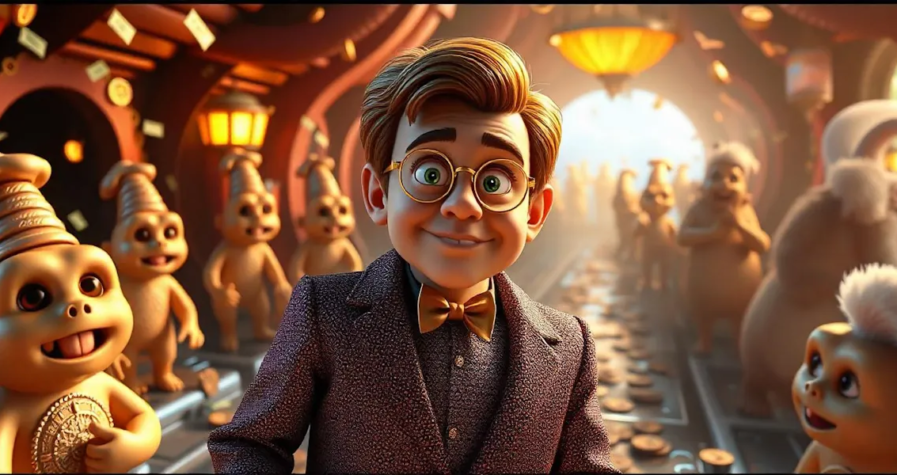 A smiling character with glasses and a bow tie stands in a whimsical factory filled with small, quirky creatures working on an assembly line. The factory is warmly lit, and coins are scattered along the conveyor belt. The atmosphere is cheerful and fantastical.