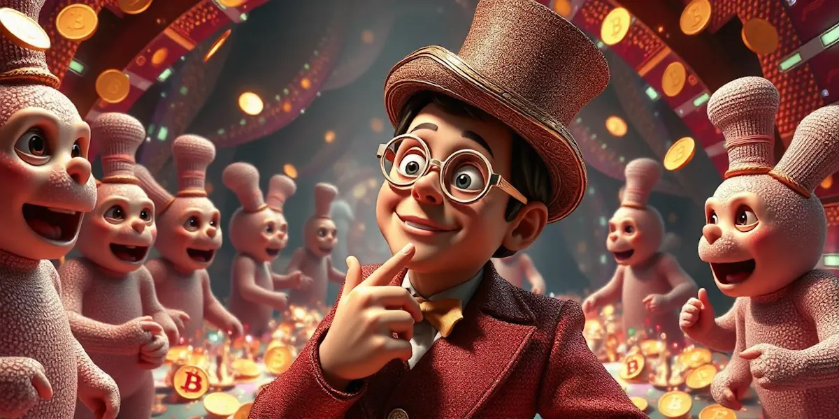 Charlie, with glasses and a top hat, reminiscent of willy wonka, stands smiling among numerous animated white rabbits. The rabbits, also wearing top hats, surround him in a whimsical setting filled with floating golden coins and a vibrant, magical backdrop.