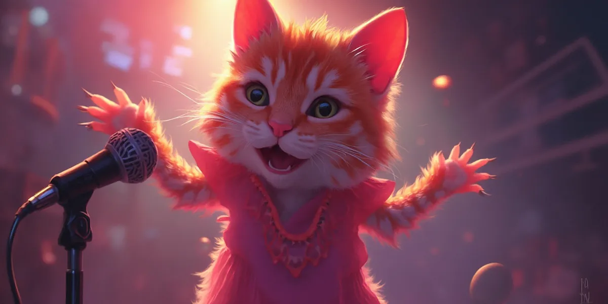 A cheerful, animated ginger cat wearing a pink dress and necklaces sings enthusiastically into a microphone on a dimly lit stage, with paws spread wide and eyes gleaming. The background has softly blurred, colorful lights, enhancing the lively atmosphere.