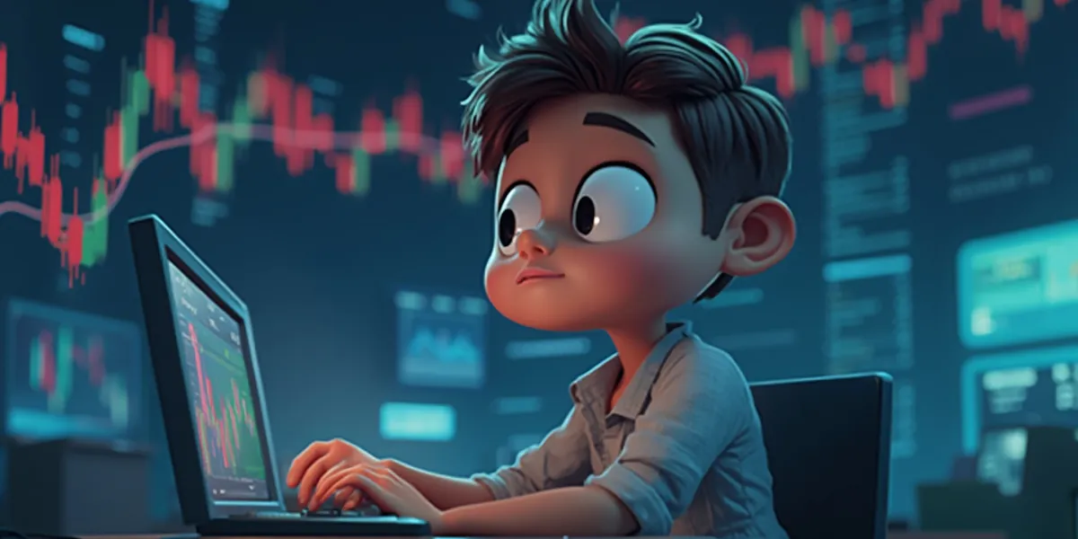 Danny moonshot sitting at a desk and working on a laptop. The background features financial charts and graphs on large screens, indicating data analysis or trading environment. The person appears focused and absorbed in their work.