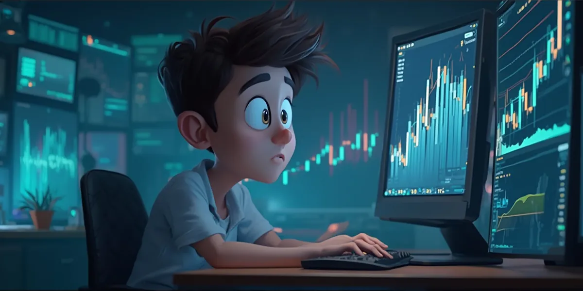 A young danny moonshot with wide eyes sits in front of multiple computer screens displaying complex financial charts and graphs. He appears focused and possibly overwhelmed, suggesting intense study or trading activity in a dimly lit room.