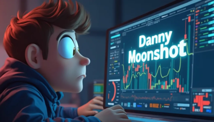 An animated character with a focused expression looks at a computer screen displaying various graphs and charts. The screen prominently shows the name "danny moonshot" in bright text, alongside the memestalk logo. The setting appears to be a dimly-lit room.