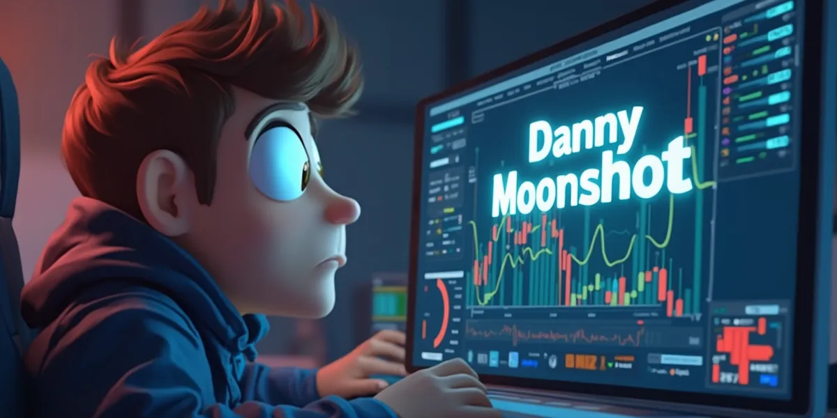 An animated character with a focused expression looks at a computer screen displaying various graphs and charts. The screen prominently shows the name "danny moonshot" in bright text, alongside the memestalk logo. The setting appears to be a dimly-lit room.