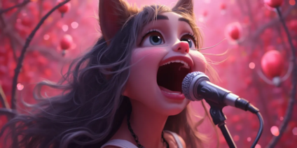 An animated character with cat-like ears and flowing hair passionately sings into a microphone amidst a dreamy, pink, and red background with floating orbs. The emotion on their face, paired with the vivid colors, creates an almost meme-like magical and energetic atmosphere.