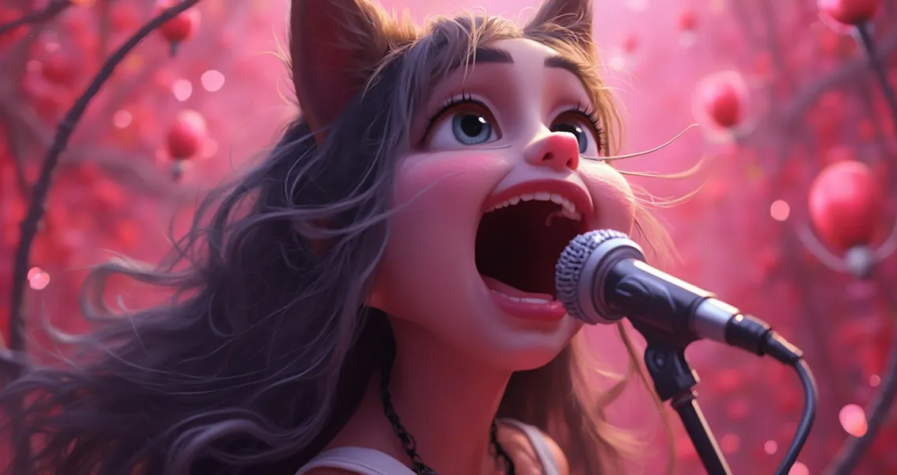 An animated character with cat-like ears and flowing hair passionately sings into a microphone amidst a dreamy, pink, and red background with floating orbs. The emotion on their face, paired with the vivid colors, creates an almost meme-like magical and energetic atmosphere.