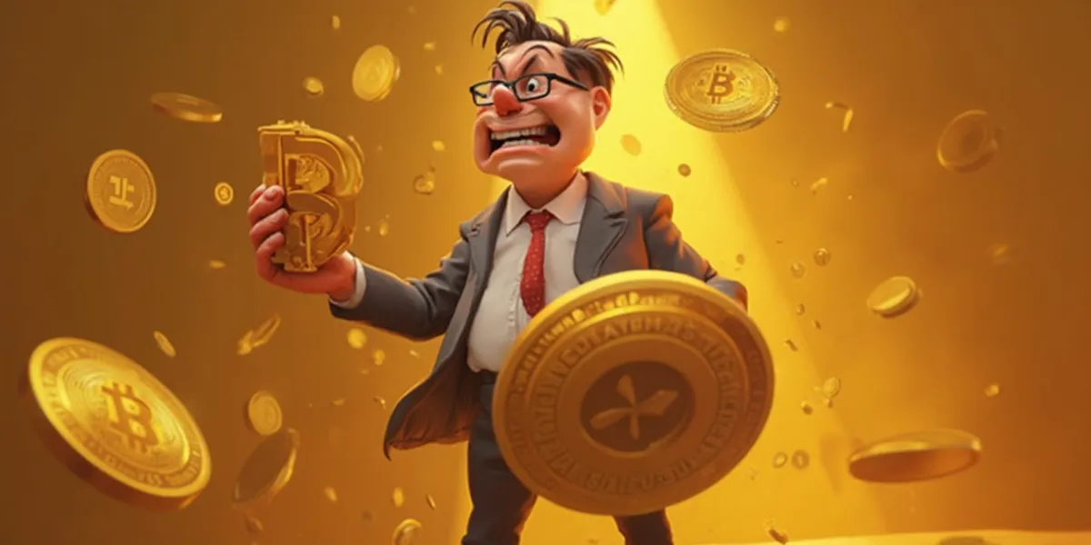 A greedy banker in a suit and tie stands enthusiastically among floating gold coins with cryptocurrency symbols, holding a large bitcoin symbol in one hand and a coin in the other. The background is a warm gradient of yellow and gold tones.